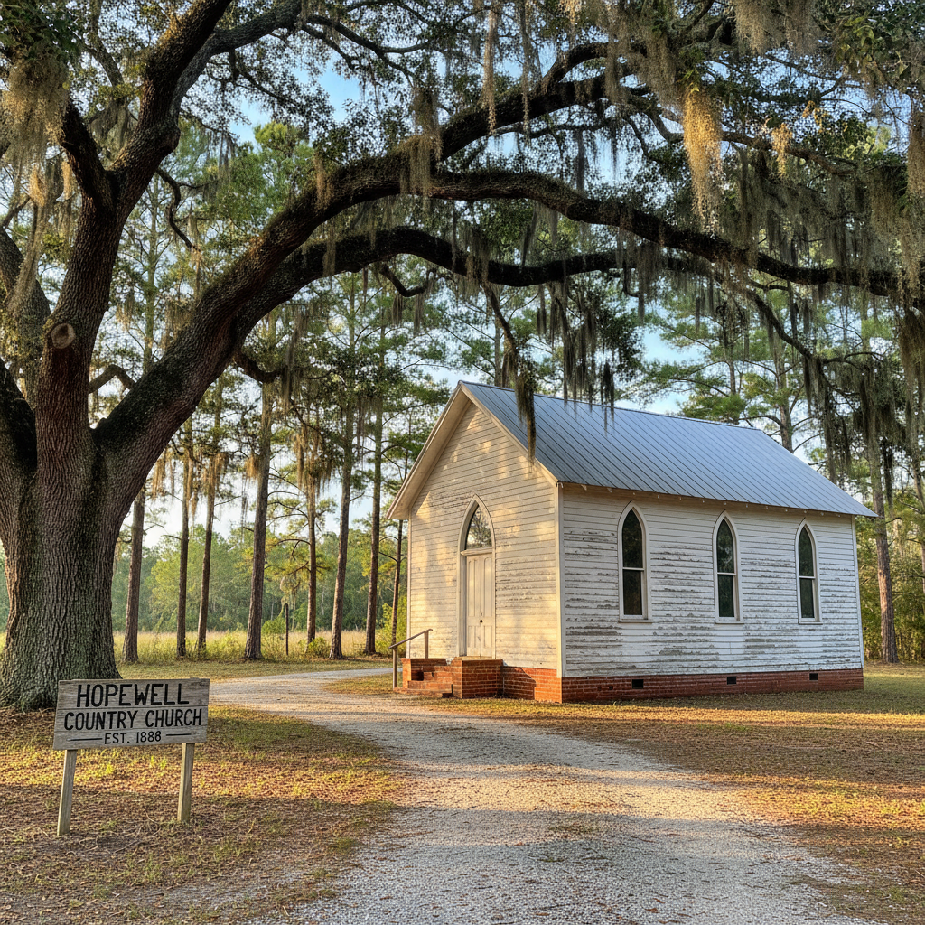 A moss-draped live oak towering over a small, timeworn country church, the white clapboard siding slightly warped and paint faintly flaking near the foundation. A simple wooden sign with hand-painted lettering leans at a respectful angle by the gravel drive. The church’s narrow windows reflect a sliver of sky and surrounding pines. Late-afternoon sun filters through the oak’s hanging Spanish moss, casting dappled patterns across the roof and red dirt. Photographic realism from a mid-distance eye-level view, using the rule of thirds to place the church slightly off-center. The atmosphere is hushed and reverent, suggesting decades of gatherings, losses, and celebrations rooted in place.