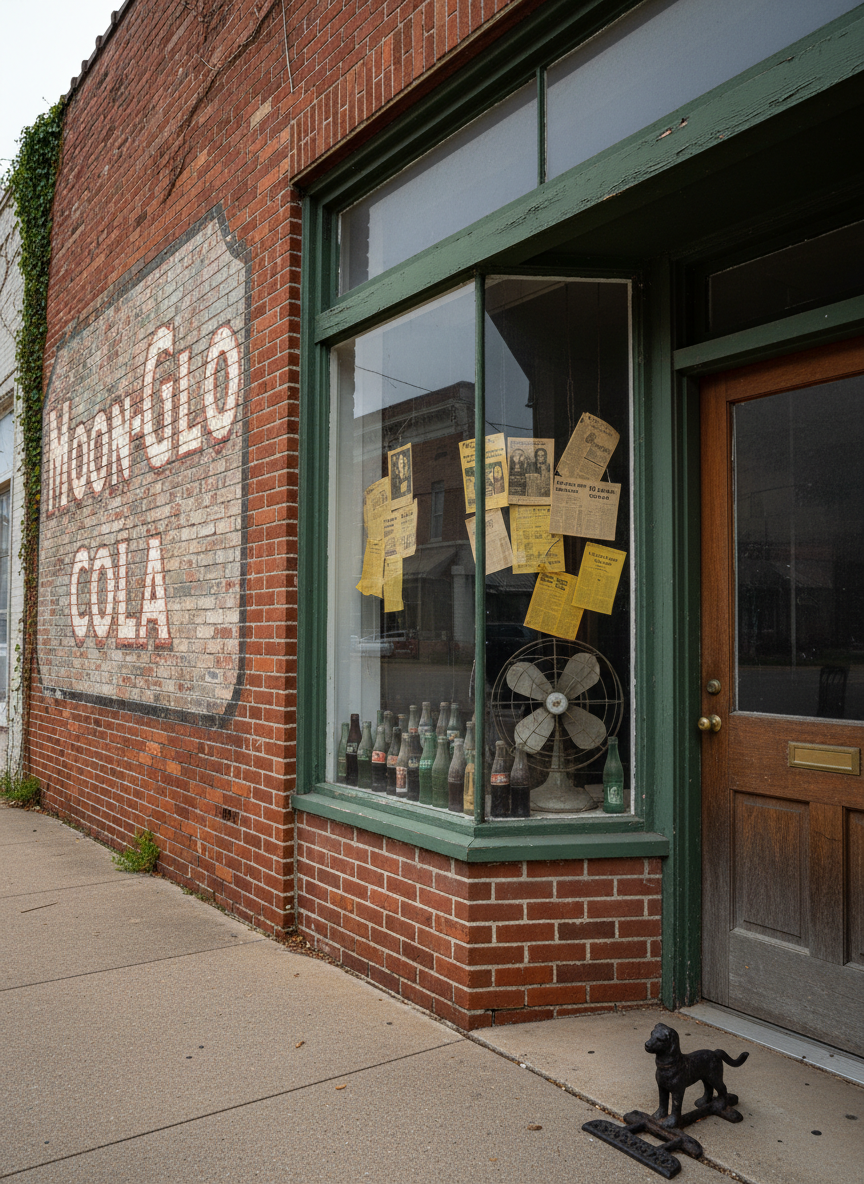A worn brick storefront on a small Southern town square, its painted advertisement for an old soda brand ghosted and faded across the side wall. The display window reveals rows of vintage glass bottles, yellowed newspaper clippings, and a single oscillating fan frozen mid-swing. The sidewalk is cracked but swept clean, with a cast-iron boot scraper by the door. Soft overcast daylight creates even, gentle illumination, allowing the deep reds of the brick and muted greens of the bottles to stand out. Captured in photographic realism from an oblique street-level angle with sharp focus throughout, the composition feels quietly dignified and steeped in layered history.