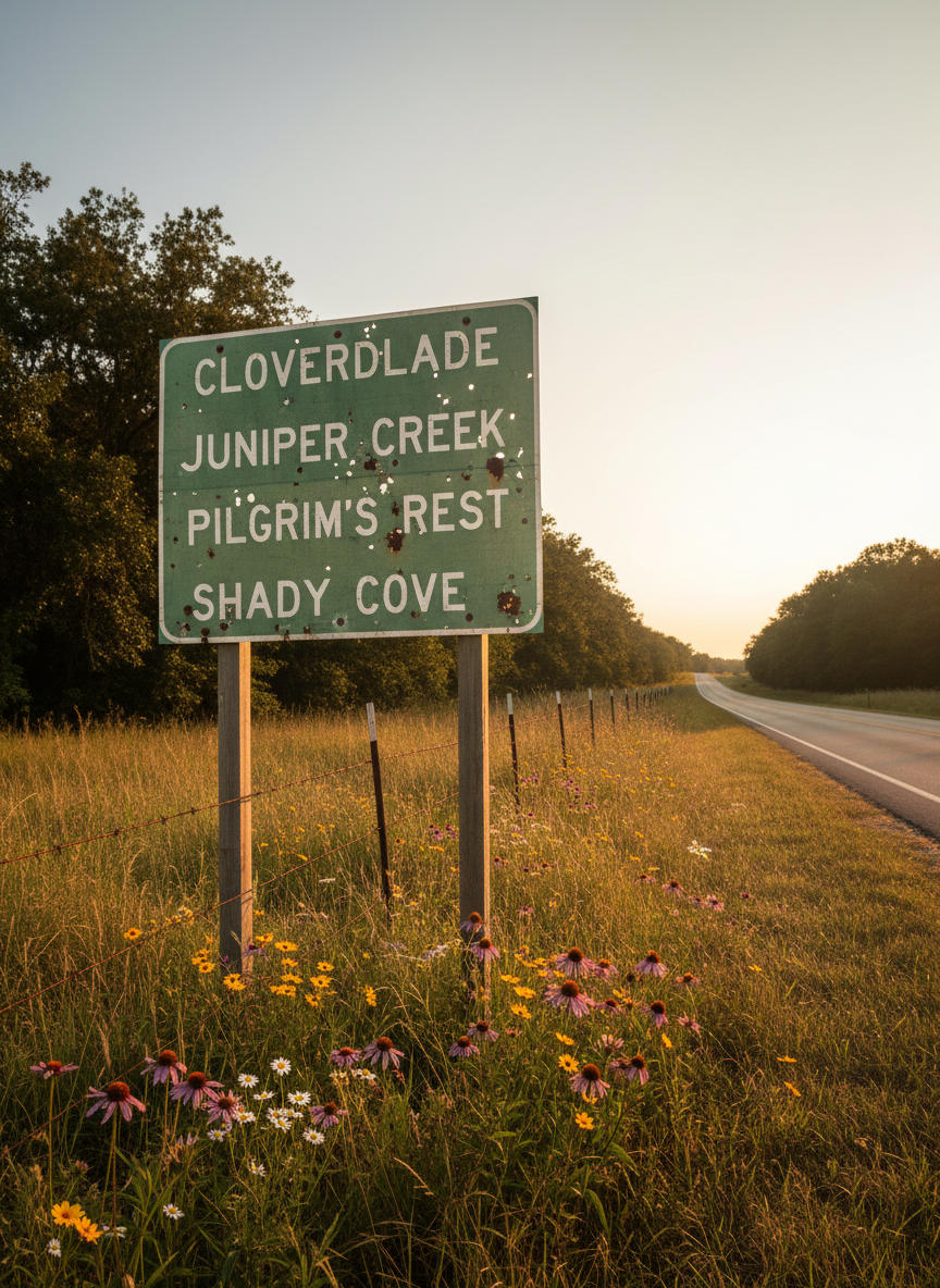 A sun-bleached highway sign at the edge of a two-lane Southern backroad, its green paint slightly peeling and bullet-pocked, names of small towns stacked one above the other. The sign rises from a patch of overgrown grass and wildflowers, with a rusted barbed-wire fence running off toward a distant, tree-lined horizon. Early evening light bathes the scene in warm amber, highlighting the rough metal texture and creating a gentle glow along the sign’s edges. Photographic realism from a low-angle perspective, using the rule of thirds so the road curves out of frame. The mood is wistful and open-ended, suggesting countless departures and returns across decades.