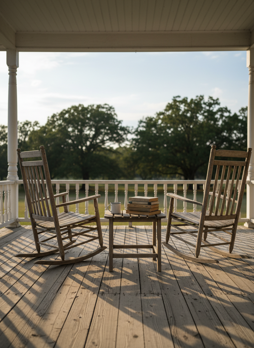 A weathered front porch of a traditional Southern farmhouse, its wide wooden planks faded to soft gray, with a pair of empty rocking chairs gently angled toward each other. A chipped enamel mug rests on a small slatted table beside a stack of well-thumbed paperbacks. The porch overlooks a distant line of pecan trees under an expansive pale blue sky. Late afternoon golden light slants across the boards, emphasizing their texture and casting long, delicate shadows. Shot at eye level in photographic realism with a shallow depth of field, the background softly blurred. The atmosphere is reflective and nostalgic, evoking decades of quiet conversations and remembered stories without showing any people.
