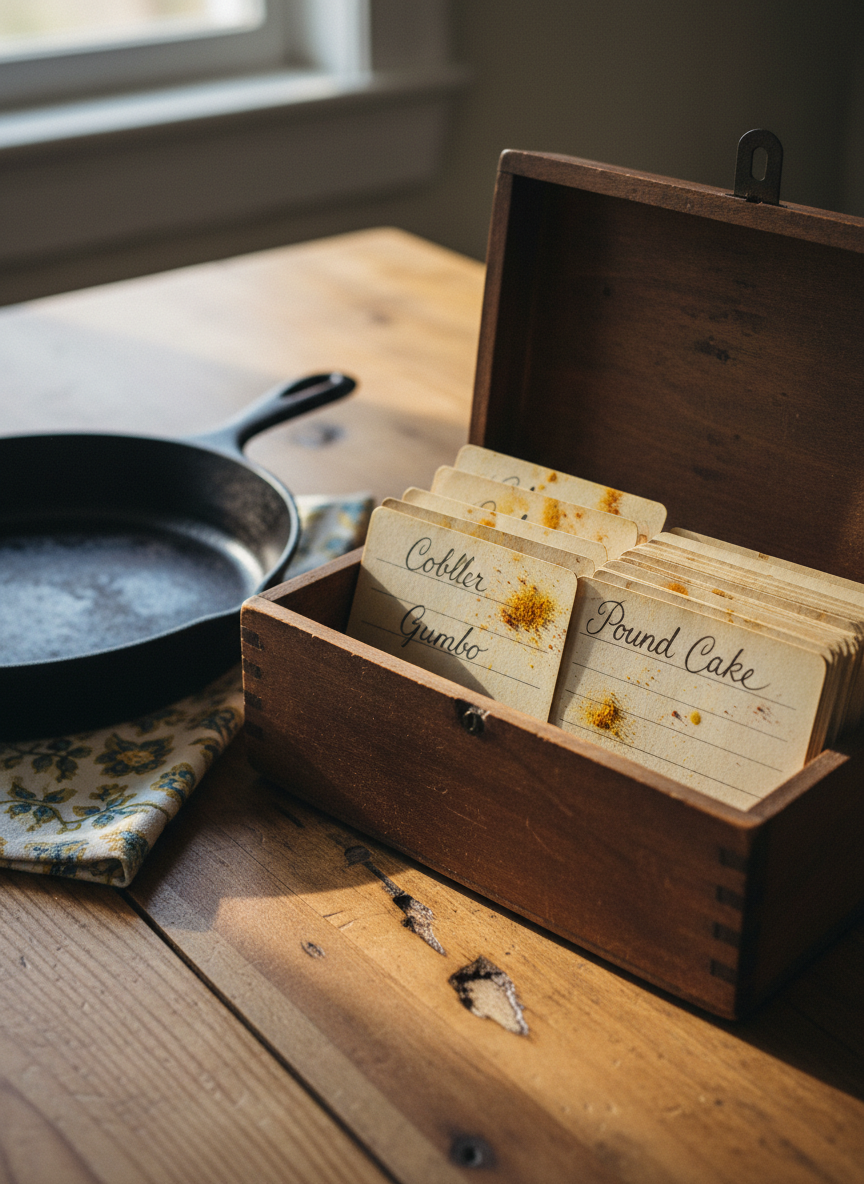 An old family recipe box made of dark-stained wood, its lid open to reveal a fan of handwritten index cards, edges curled and stained with oil and spices. The looping cursive titles—cobbler, gumbo, pound cake—peek from between the cards. The box sits on a scarred pine kitchen table beside a cast-iron skillet and a folded, floral-patterned dish towel. Late-morning window light falls in a soft rectangle across the scene, creating gentle shadows in the card creases and a warm sheen on the skillet’s seasoned surface. Photographic realism, shot from a slightly elevated angle with shallow depth of field that blurs the far edge of the table, evoking intimacy, memory, and domestic ritual.