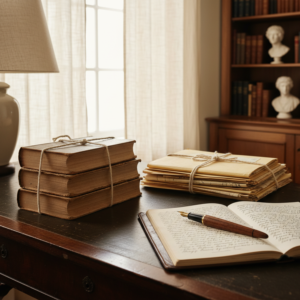A stack of regional history books and brittle manila folders tied with cotton string, arranged on an antique writing desk with a dark, glossy finish and faint ink stains. An old fountain pen rests across an open notebook filled with neat, slanting handwriting. Behind, a tall window is veiled with sheer curtains, allowing diffused daylight to wash the scene in a soft, scholarly glow. A ceramic lamp with a linen shade stands unlit at the desk’s corner, adding quiet elegance. Photographic realism, captured from a three-quarter angle with a moderate depth of field, keeping the writing implements crisp while the shelves of more books blur gently behind. The atmosphere is thoughtful, investigative, and rooted in careful remembrance.