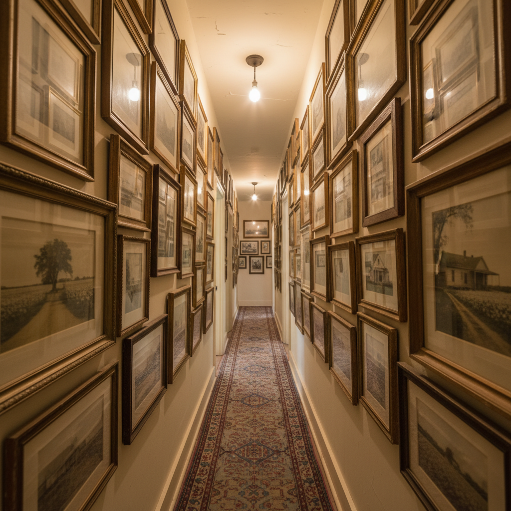 A narrow hallway lined with mismatched, slightly crooked picture frames, each containing faded photographs and sepia-toned landscapes of Southern fields and clapboard houses. The frames range from ornate gold to simple black wood, some with tiny chips at the corners. The hallway’s walls are painted a soft, timeworn cream, with a runner rug patterned in subdued burgundy and navy. A single ceiling fixture casts warm incandescent light, creating pools of glow on the glass surfaces and subtle reflections. Photographic realism, shot from a low, receding angle that emphasizes depth and vanishing perspective. The mood is contemplative and intimate, like walking through generations of memory without ever seeing a face.
